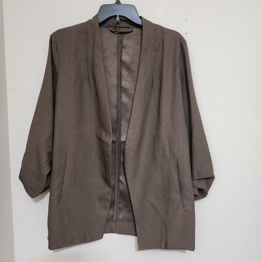 SHINESTAR Open Front‎ Ruched Sleeve City Chic Blazer, size XL, Taupe